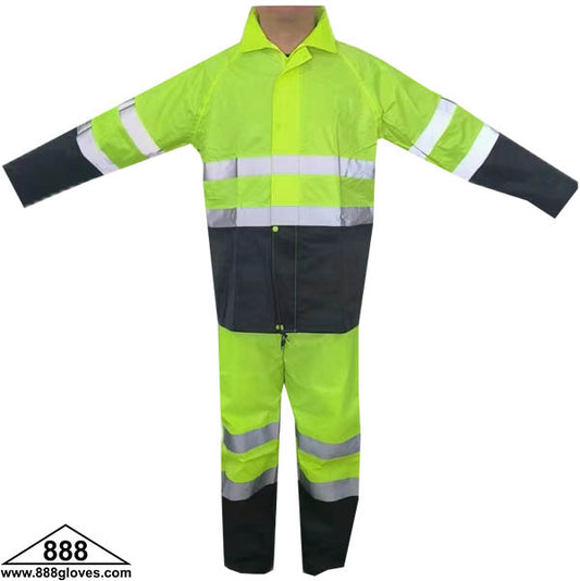 10-71HVG - Rain Suit - Reflective Tape, Black Bottom, With Hood - Hi Viz Green