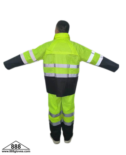 10-71HVG - Rain Suit - Reflective Tape, Black Bottom, With Hood - Hi Viz Green