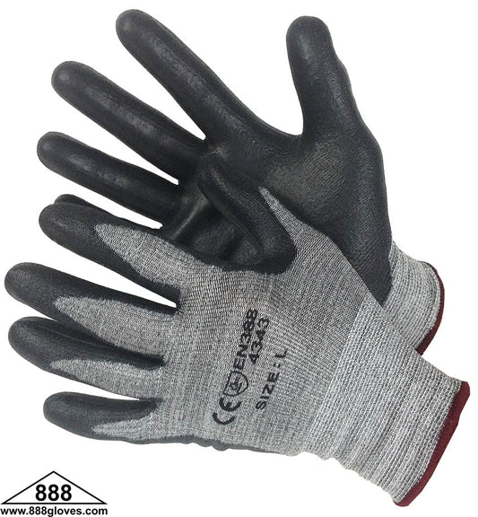 20-3338GBK - Cut Resistant HPPE / Lycra Shell - Salt & Pepper Color With Black PU Palm Coated Gloves  En4343