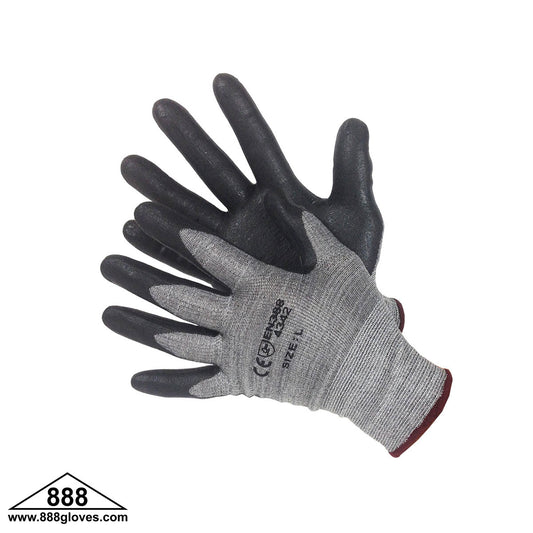 20-3339BK - Cut Resistant HPPE / Lycra Shell - Salt & Pepper Color With Black NBR Palm Coated Gloves  En4343