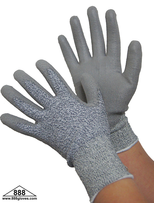 20-5538G - Cut Resistant HPPE / Lycra Shell - Salt & Pepper Color With Grey PU Palm Coated Gloves  En4543