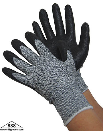 20-5539BK - Cut Resistant HPPE / Lycra Shell - Salt & Pepper Color With Black PU Palm Coated Gloves  En4543