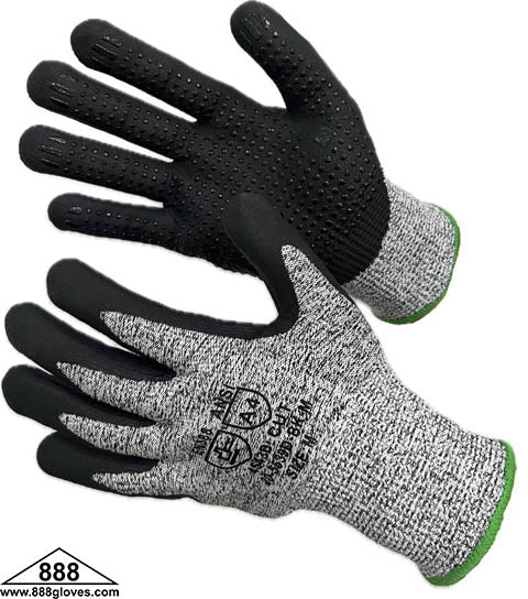 20-5539D-BK - Cut Resistant HPPE / Lycra Shell - Salt & Pepper Color With Dotted Black NBR Palm Coated Gloves  En4543