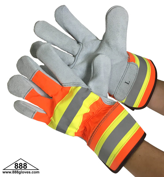 30-5810HVO - Men's Cow Split Leather Palm Work Gloves - Orange Hi Viz Nylon Back With Reflective Strips On Cuff & Knuckles - Rubberized Cuff
