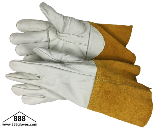 31-4008 - Mig Welding Glove - Cow Grain Palm & Back, Straight Thumb, 4" Rust Cow Split Leather Cuff With Kevlar Stitching, Unlined - Beige