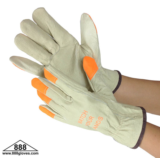 32-1380HVO - Driver Gloves - Pig Skin, Keystone, Unlined With Orange Hi Viz Finger Tip - Beige