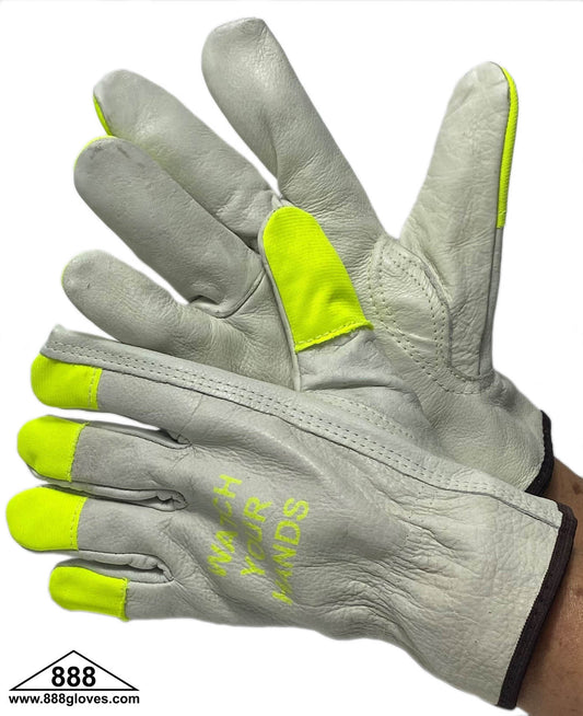 32-1383HVG - Driver Gloves - Cowhide, Keystone Thumb With Greem Hi Viz Finger Tips
