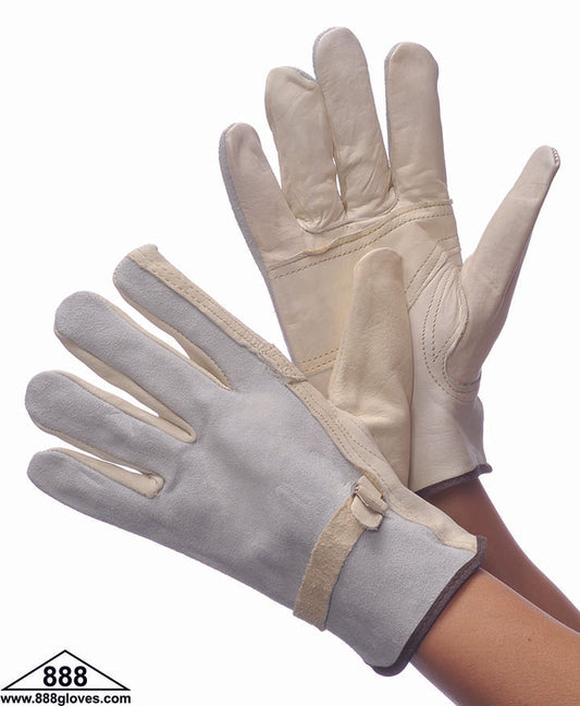 32-1384K - Driver Gloves - Keystone With Pull Strap Cow Grain and Split Leather Back - Beige