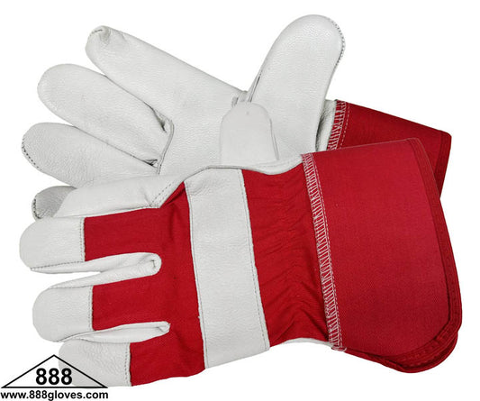 32-1395R - Driver Gloves - Goat Skin, Keystone Thumb, Red Canvas Cuff & Back - Red and White
