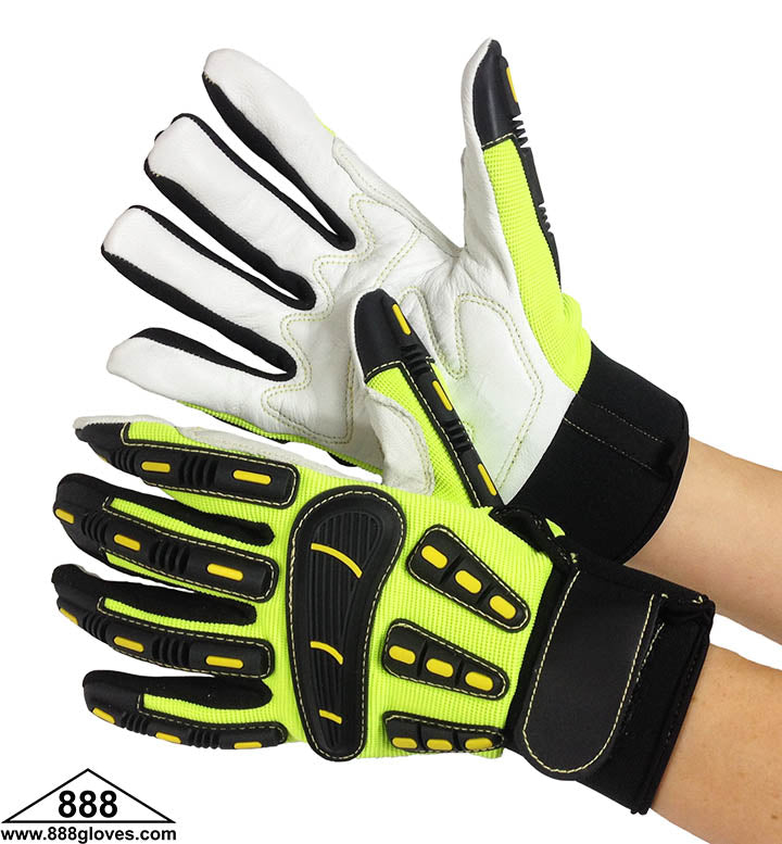 Mechanic Gloves - Goat Skin, Velcro Closure, Kevlar With TPR, Unlined, Cut Level 3 - Hi Vis Yellow - 33-4001 - 1 Pair