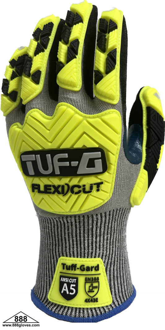 33-518G - Cut Resistant Glove - ANSI A5 1 8Gauge, Sandy Nitrile Palm Coating, TPR, Black Nitrile Reinforcement -  Hi Viz Green