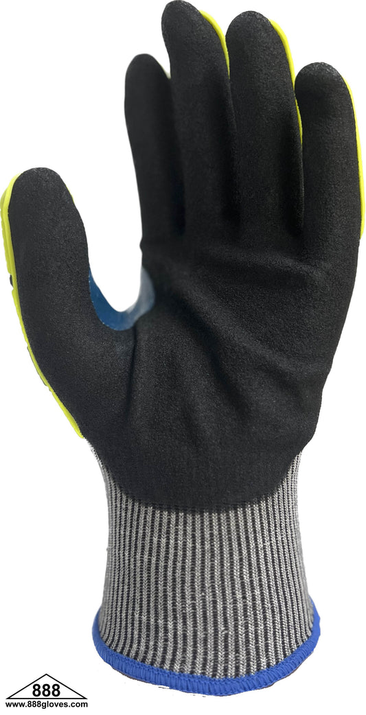 33-518G - Cut Resistant Glove - ANSI A5 1 8Gauge, Sandy Nitrile Palm Coating, TPR, Black Nitrile Reinforcement -  Hi Viz Green