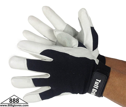 33-7202 - Mechanic Gloves - Natural Goat Grain With Natural Cow Split Leather Double Palm, Keystone Thumb and Black Spandex Back