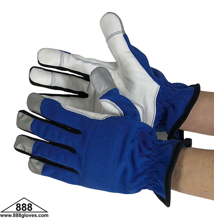 Mechanic Gloves - Front Natural Goat Leather With Reinforcement On Palm, Back Blue With Foam Lined, Reflector At Finger Tips - Blue - 33-8101 - 1 Pair