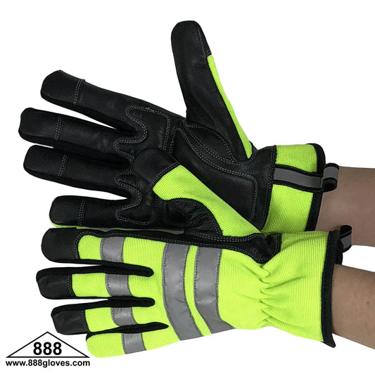 33-8102 - Mechanic Gloves - Black Goat With Foam Lined Palm, Back Florescent Green With Reflectors At Center & Fingers - Hi Vis Yellow