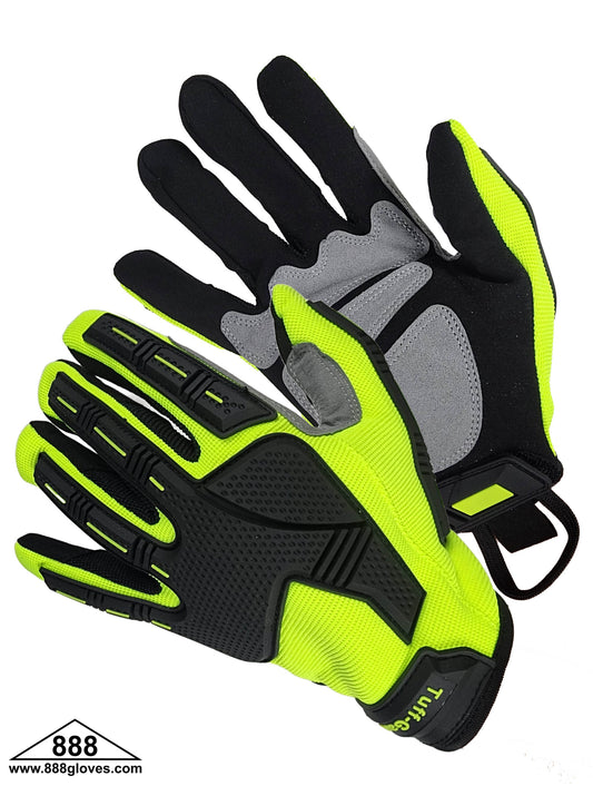 33-8104 - Mechanic Gloves - Back With TPR Injected & Stitched, Front Black Synthetic Leather With Reinforce Palm, 3D Strap-Velcro Closure, Grey Double Palm - Hi Vis Yellow