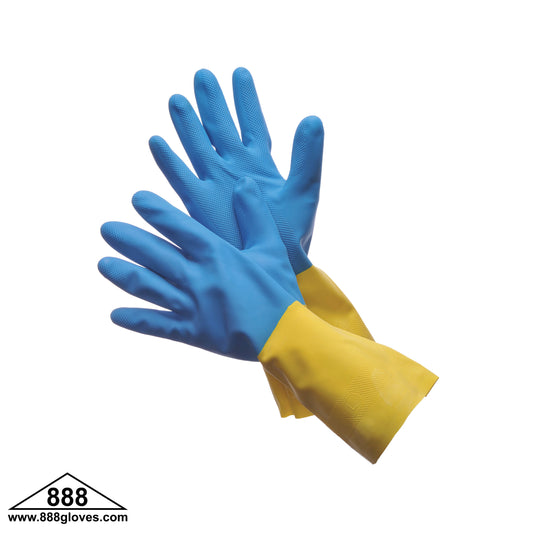 41-0038 - Latex - 13" Cuff, Flock Lined, 28 Mil - Blue Neoprene Over Yellow