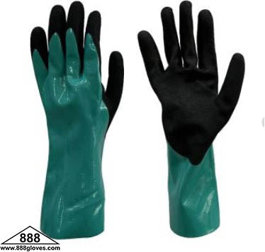 41-8818GNBK - Nylon Shell - Nitrile Fully Dipping , Sandy Nitrile Coated Palm, 18 Gauge 12" Long Cuffs - Green