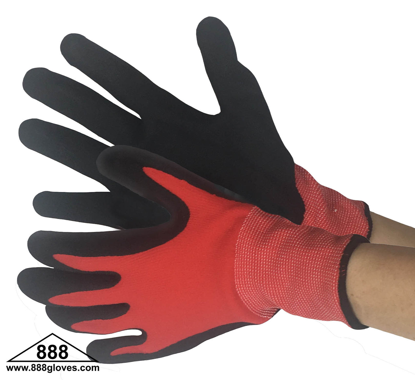 Cut Resistant Gloves -13 Gauge Red Nylon & Spandex Shell With Black Sandy Nitrile Coating On Palm - 50-8836RBK - 12 Pairs