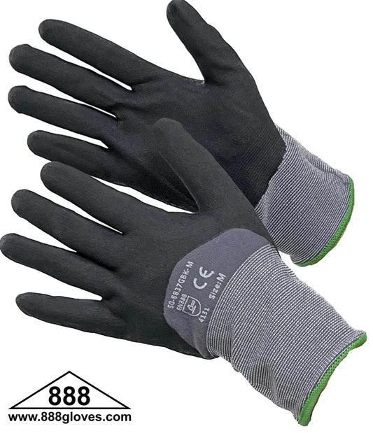 50-8837GBK - Cut Resistant Gloves - 15 Gauge Grey Nylon & Spandex Shell, With Black Micro Foam Nitrile Coating On Palm & 3/4 of Back