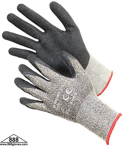 Pair of black and gray gloves with red accents on a white background