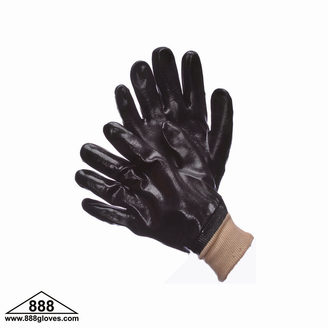 Smooth Finish PVC Gloves, Single Dipped, Knit Wrist - Black - 96-5402 - 1 Dozen Pairs