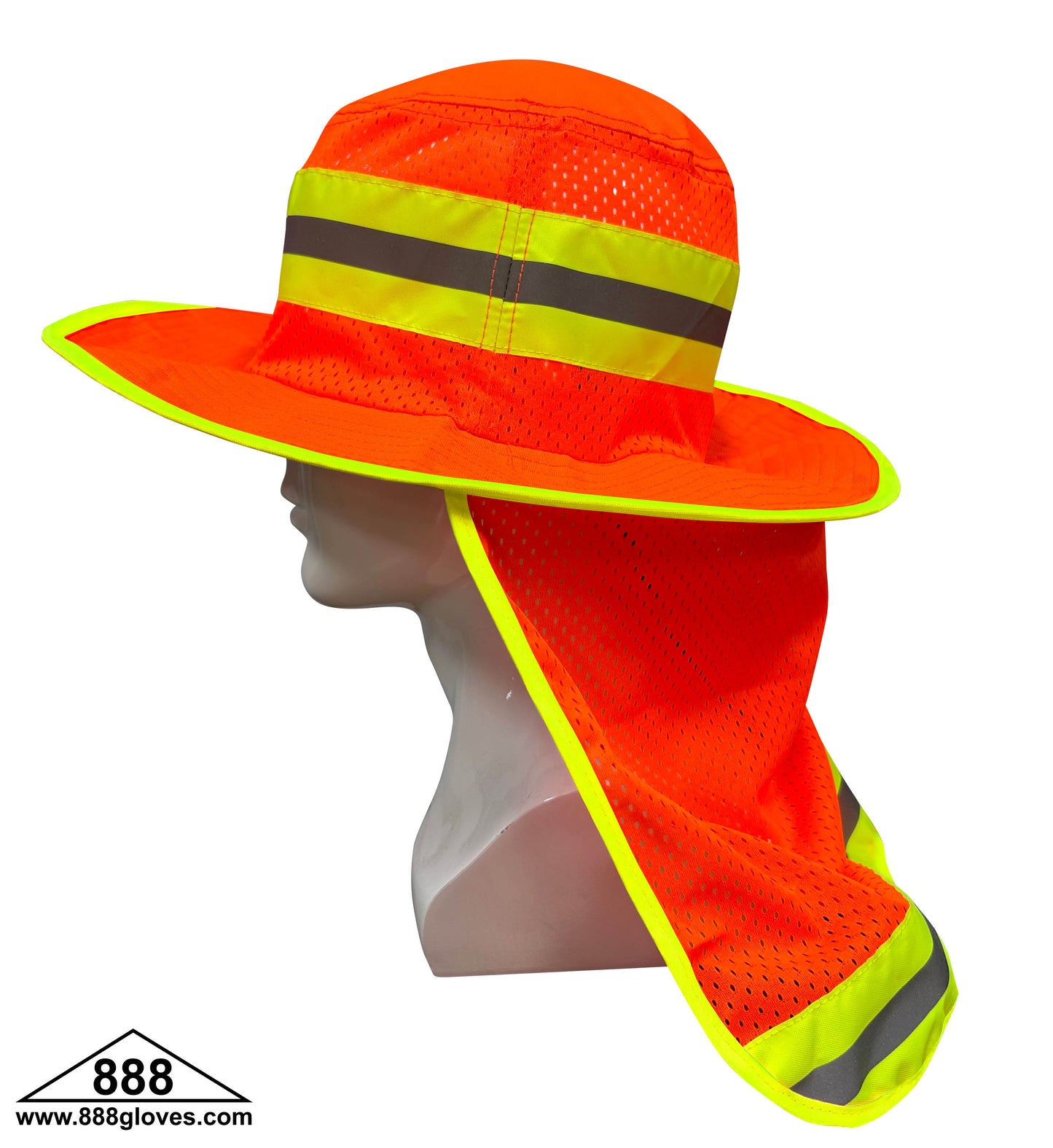 Sun Hat With 2" Two Tone Reflective Tape & Draw String - Hi Vis Orange - 98-003-O - 10 Sun Hat