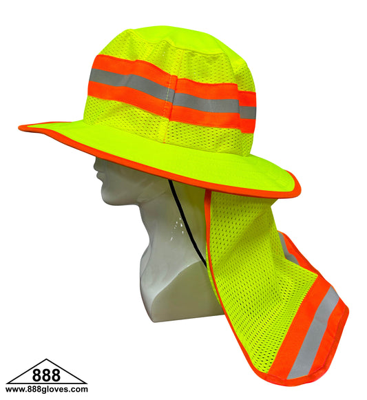 98-003-G - Sun Hat With 2" Two Tone Reflective Tape & Draw String - Hi Vis Yellow