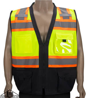 98-2000-G - Safety Vest - Class II Solid Front & Mesh Back, Front Bottom Black - Hi Vis Yellow and Black