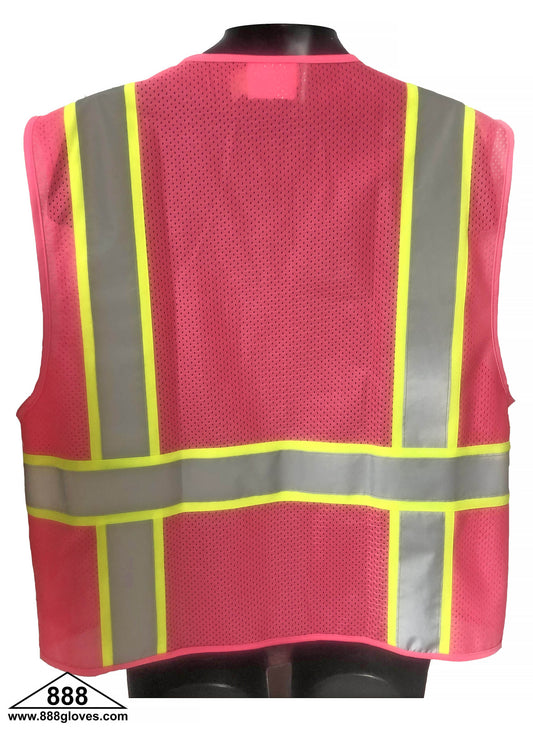 98-2200PK - Safety Vest - Mesh With 2" Silver Reflector On 3", Multiple Pockets - Pink