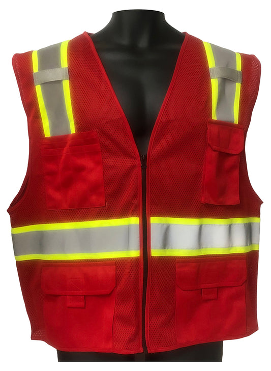 98-2200RD - Safety Vest - Mesh With 2" Silver Refector On 3", Multiple Pockets - Red