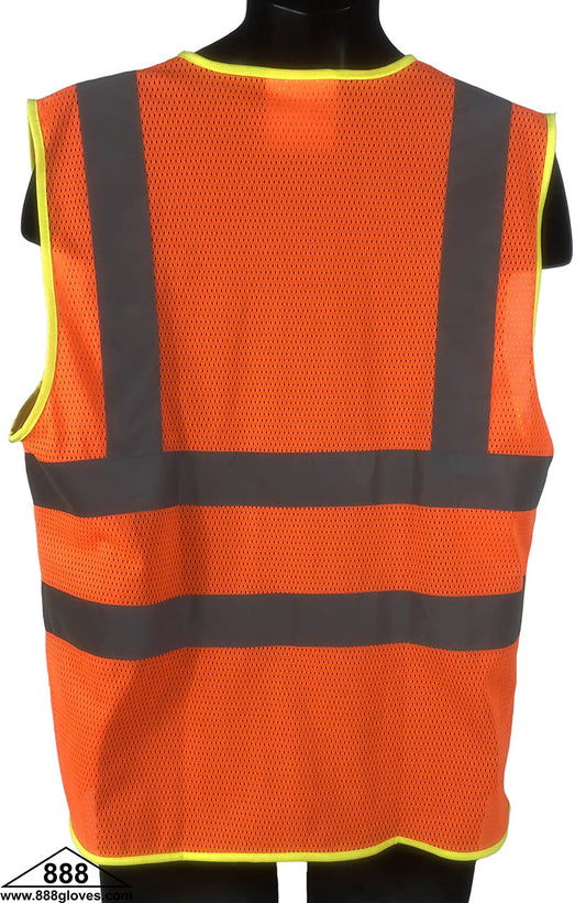 98-2900-O - Safety Vest - Class II, 2" Silver Horizontal Reflective Stripes, Zipper Front, Solid Front and Mesh Back - Hi Vis Orange