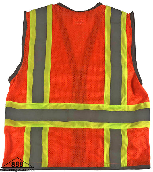 98-2950-O - Safety Vest - Surveyor, Class II Orange Vest, Mesh Front and Back, Mic Tab, Multiple Pockets, 2" Silver Reflector With Green Stripe - Hi Vis Orange