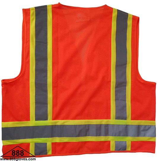 98-2980-O - Safety Vest - Surveyor, Class II Vest, Mesh Front and Back, Mic Tab, Multiple Pockets, 2" Silver Reflective Stripe Over Yellow Stripe - Hi Vis Orange