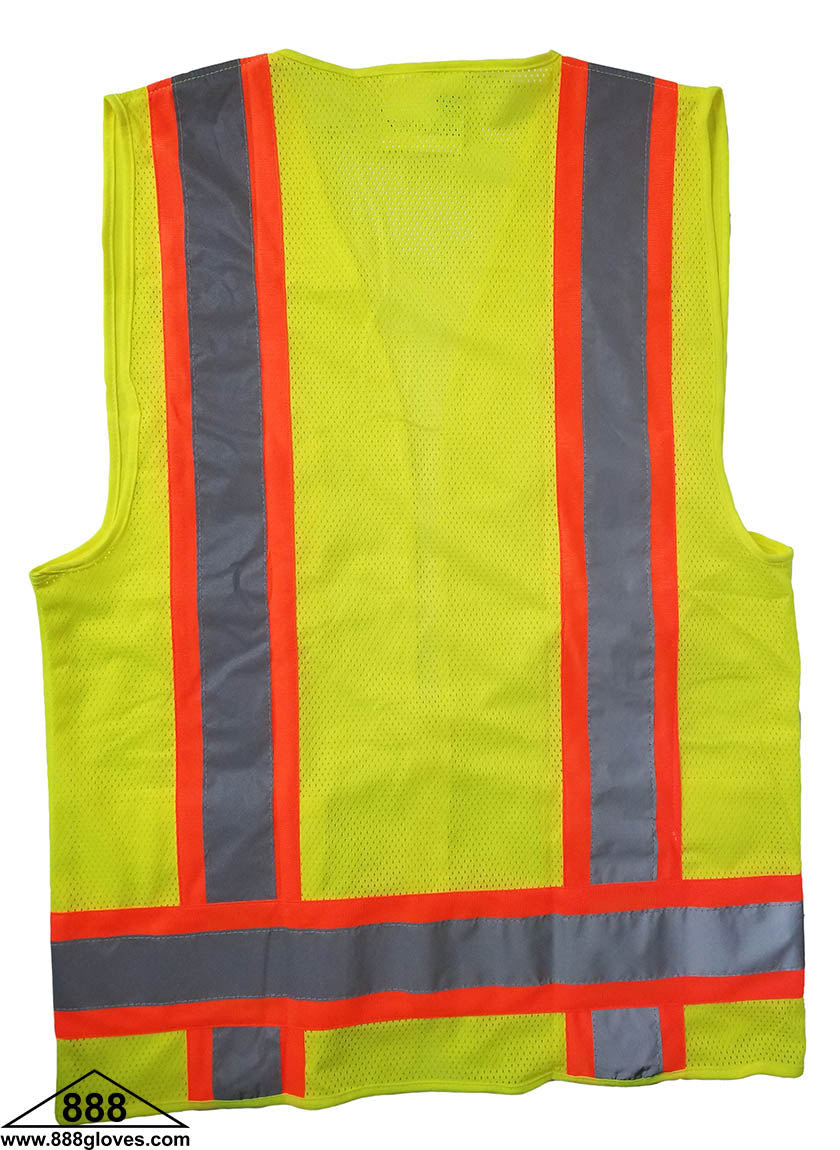 Safety Vest - Surveyor, Class II Vest, Mesh Front and Back, Mic Tab, Multiple Pockets, 2" Silver Reflective Stripe Over Yellow Stripe - Hi Vis Yellow - 98-2981-G - 10 Vests
