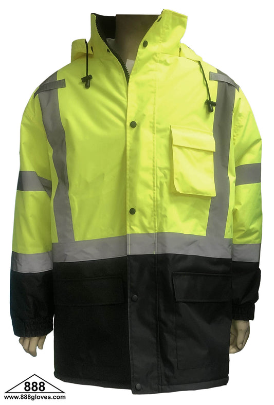 98-3003-G - Safety Vest - Long  Jacket With Quilted Lining, Hood, Cellphone Pocket, Water Resistant - Hi Vis Yellow and Black