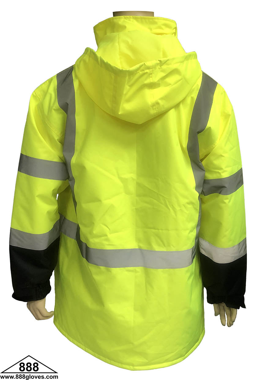 Safety Vest - Long Jacket With Quilted Lining, Hood, Cellphone Pocket, Water Resistant - Hi Vis Yellow and Black - 98-3003-G - 1 Parka