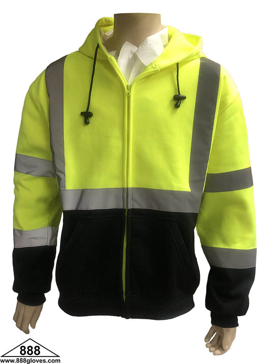 98-3021-G - Safety Vest - Sweater Hoodie Fleece Jacket, Class III - Hi Vis Yellow and Black