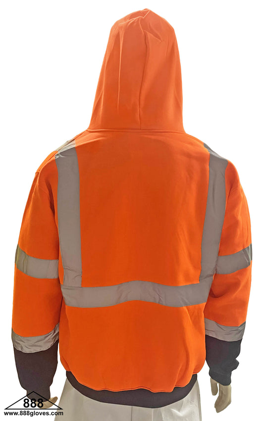 98-3021-O - Safety Vest - Sweater Hoodie Fleece Jacket, Class III - Hi Vis Orange and Black