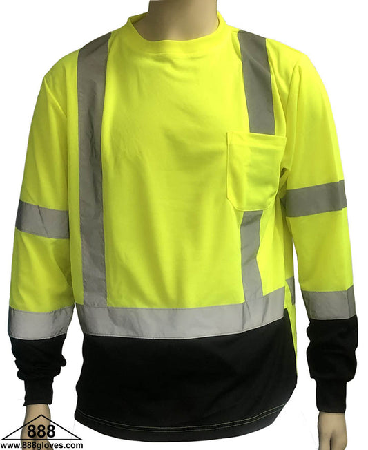 98-350BK-G - Safety T-Shirt - Long Sleeves Class III, Front Black Bottom, 100% Polyester - Hi Vis Yellow and Black
