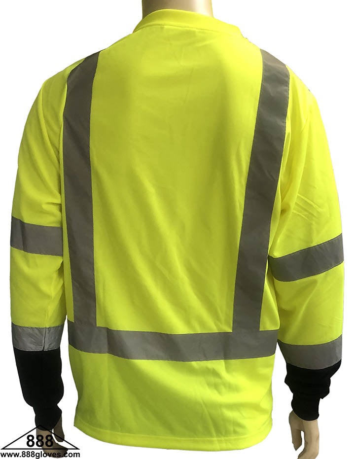 Safety T-Shirt - Long Sleeves Class III, Front Black Bottom, 100% Polyester - Hi Vis Yellow and Black - 98-350BK-G - 1 Vest