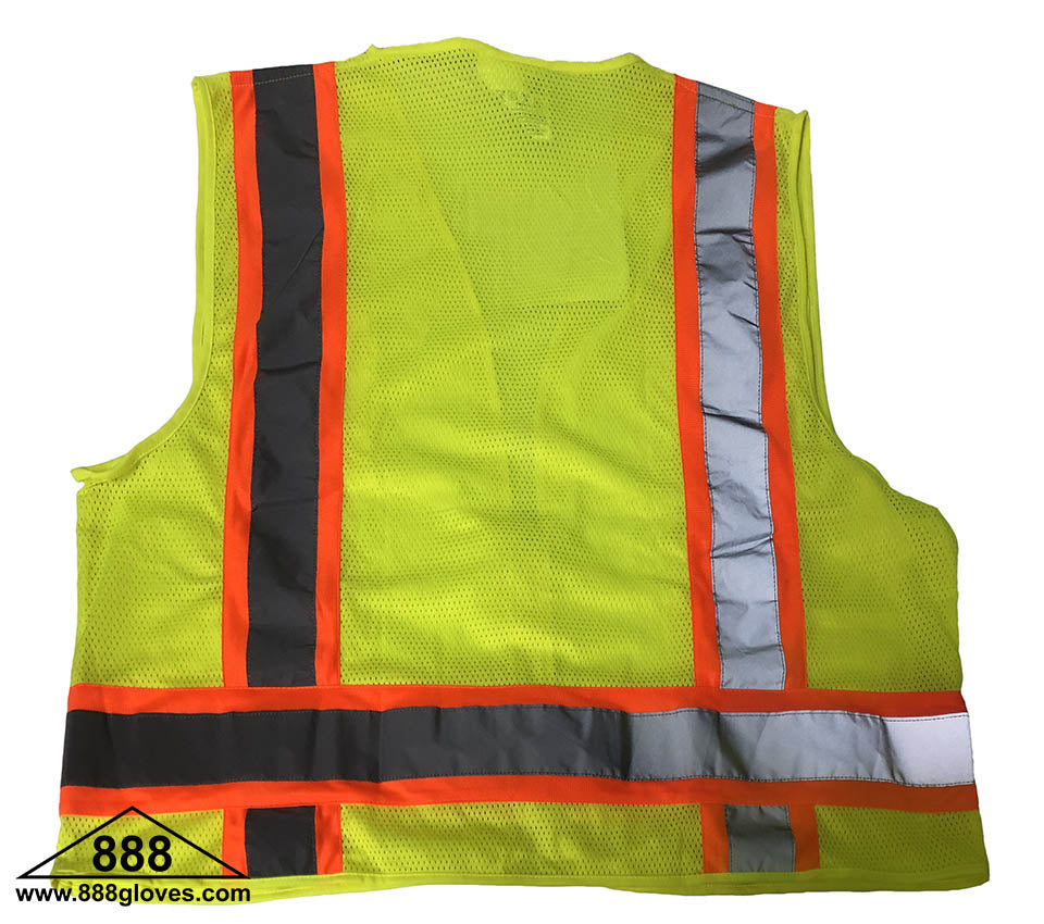 Safety Vest - FR Flame Retardant Surveyor, Class II Vest, Solid Front and Mesh Back, Mic Tab, Multiple Pockets, 2" Silver Reflective Over Lime Green Stripe - Hi Vis Yellow - 98-FR2981-G - 10 Vests