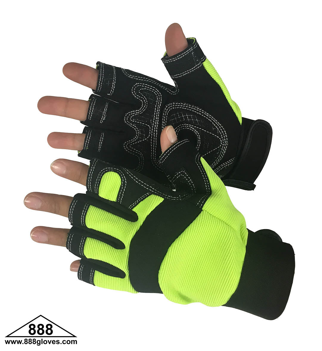 33-6003HVG - Mechanic Gloves - Hi Viz Green Mechanic Gloves Synthetic Fingerless - Hi Vis Yellow