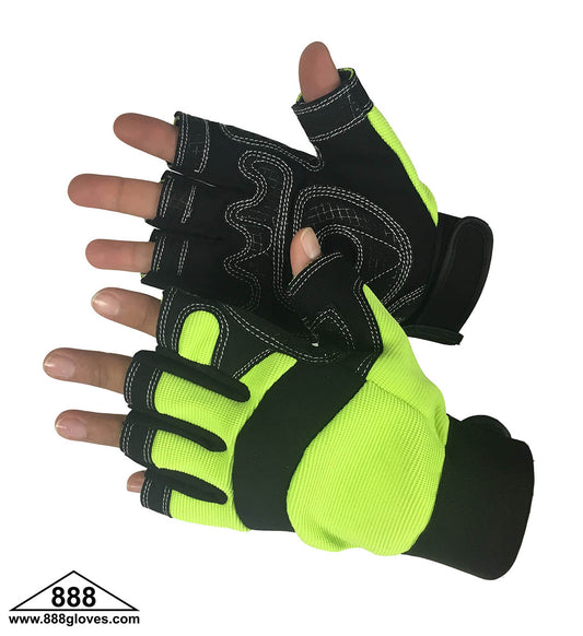 33-6003HVG - Mechanic Gloves - Hi Viz Green Mechanic Gloves Synthetic Fingerless - Hi Vis Yellow