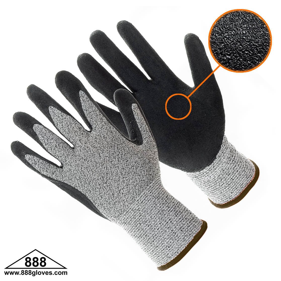 Pair of black and gray gloves with a close-up of the textured palm, featuring the 888 Gloves brand.
