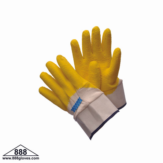 96-5415 - Natural Rubber Coated Crinkle Finish Latex Coating Gloves - Jersey Lined, 2.5" Safety Cuff - Beige and Yellow