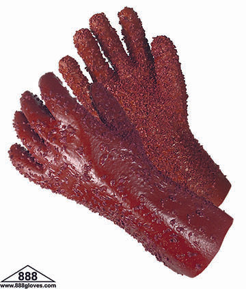 96-5419 - Dark Red PVC Gloves - Rocky Finish, 12" Length, Jersey Lining