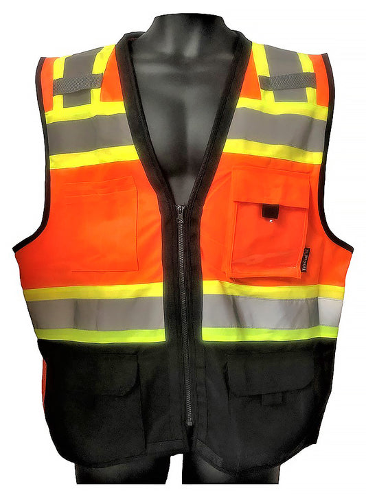98-2000-O - Safety Vest - Class II Solid Front & Mesh Back, Front Bottom Black - Hi Vis Orange and Black