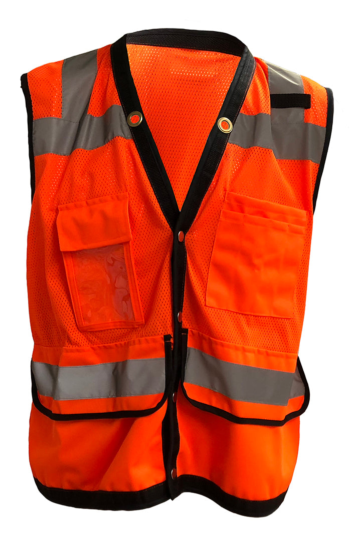98-2100-O - Safety Vest - 2" Silver Reflective Tape, Class II, 100% Polyester Mesh Front & Back, Radio/Cell Phone Holder, Multiple Pockets - Hi Vis Orange
