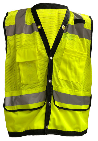 98-2101-G - Safety Vest - 2" Silver Reflective Tape, Class II, 100% Polyester Mesh Front & Back, Radio/Cell Phone Holder, Multi Pockets - Hi Vis Yellow